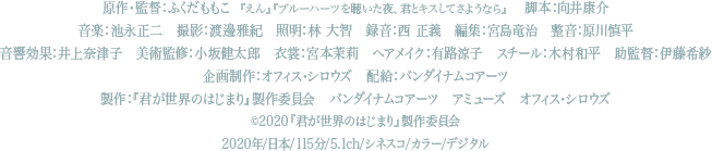 原作・監督:ふくだももこ 『えん』『ブルーハーツを聴いた夜、君とキスしてさようなら』 脚本:向井康介 音楽:池永正二 撮影:渡邊雅紀 照明:林 大智 録音:西 正義 編集:宮島竜治 整音:原川慎平 音響効果:井上奈津子 美術監修:小坂健太郎 衣裳:宮本茉莉 ヘアメイク:有路涼子 スチール:木村和平 助監督:伊藤希紗 企画制作:オフィス・シロウズ 配給:バンダイナムコアーツ 製作:『君が世界のはじまり』製作委員会 バンダイナムコアーツ アミューズ オフィス・シロウズ ©2020『君が世界のはじまり』製作委員会 PG12 映倫 2020年/日本/115分/5.1ch/シネスコ/カラー/デジタル